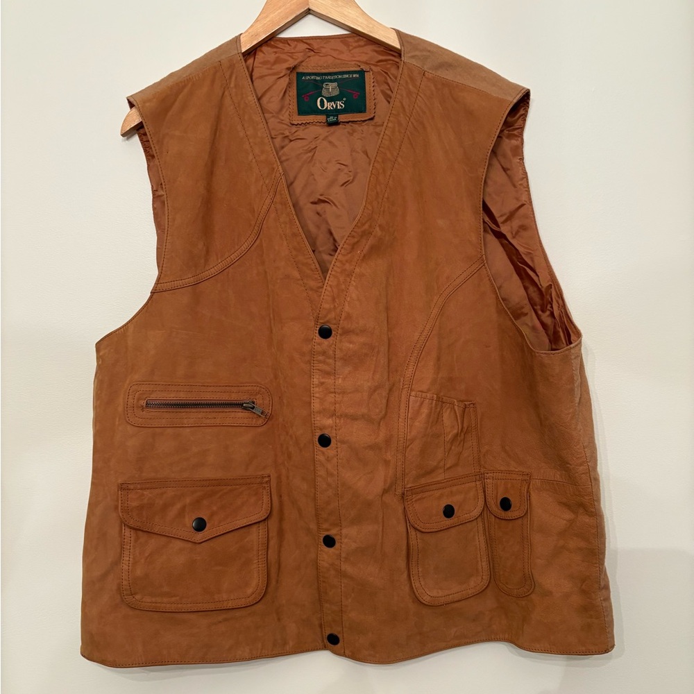 Orvis Vintage Suede Leather Hunting Vest tan Snap Buttons Pockets Men's Size Xl